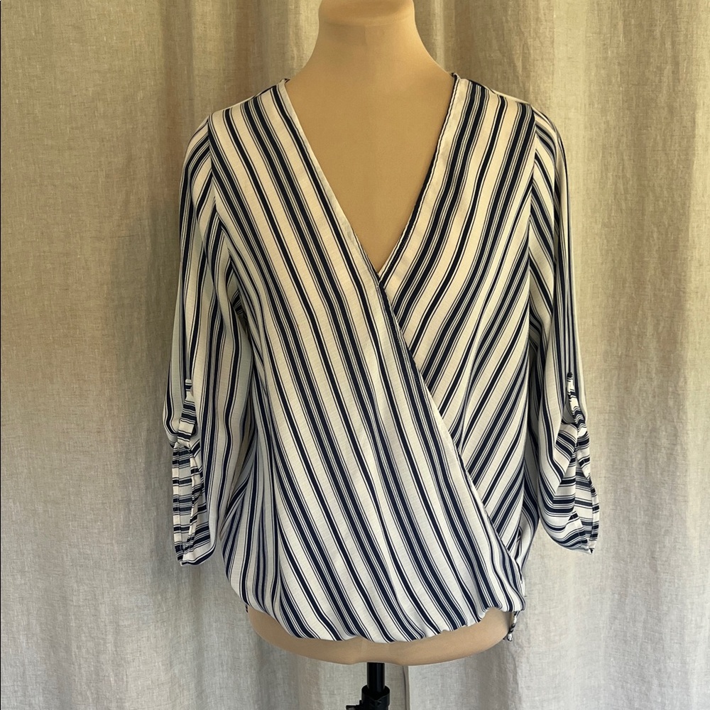 Elegant Navy Striped V-Neck Blouse